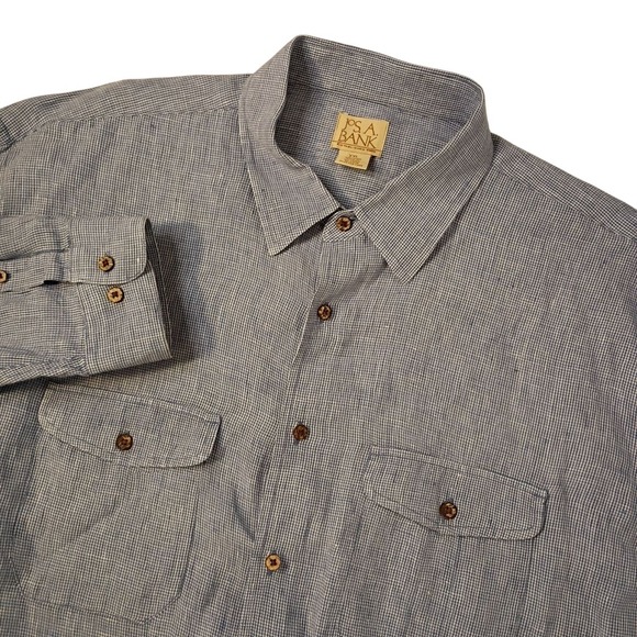 Jos A Bank Shirt Mens XXL Blue 100% Linen Houndstooth Plaid Double Flap Pockets - Picture 1 of 8